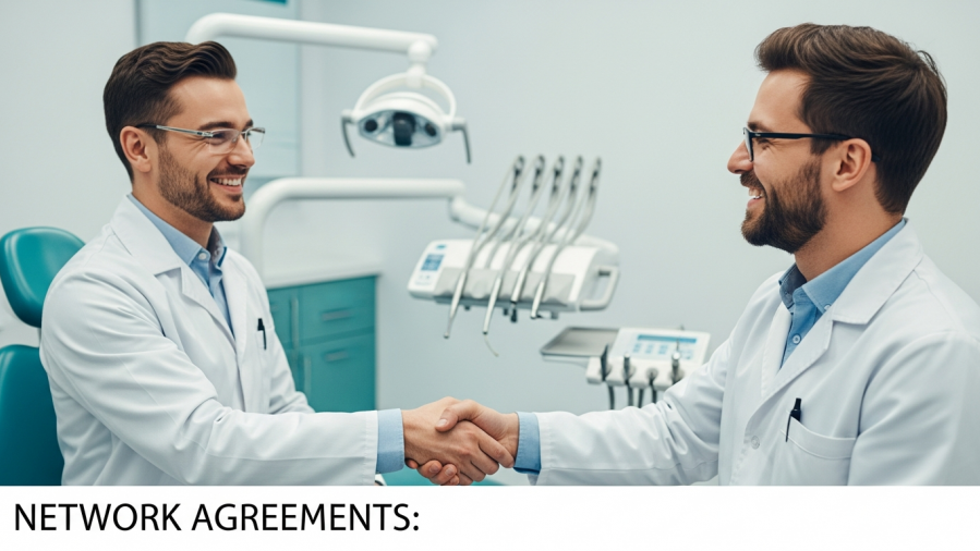 Two confident dentists shaking hands, embodying trust in dental insurance negotiations.