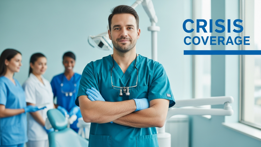 Confident dentist promotes emergency planning in dentistry with supportive staff.