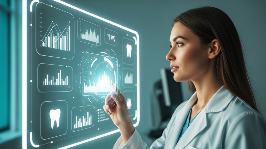 Confident young dentist analyzing AI data for Google Business Profile Optimization.