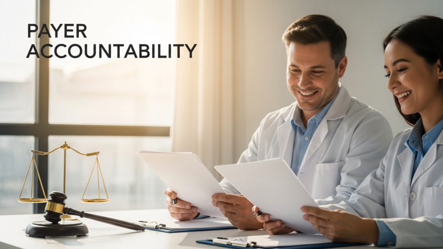 Two confident dentists discuss dental insurance transparency in a bright clinic.