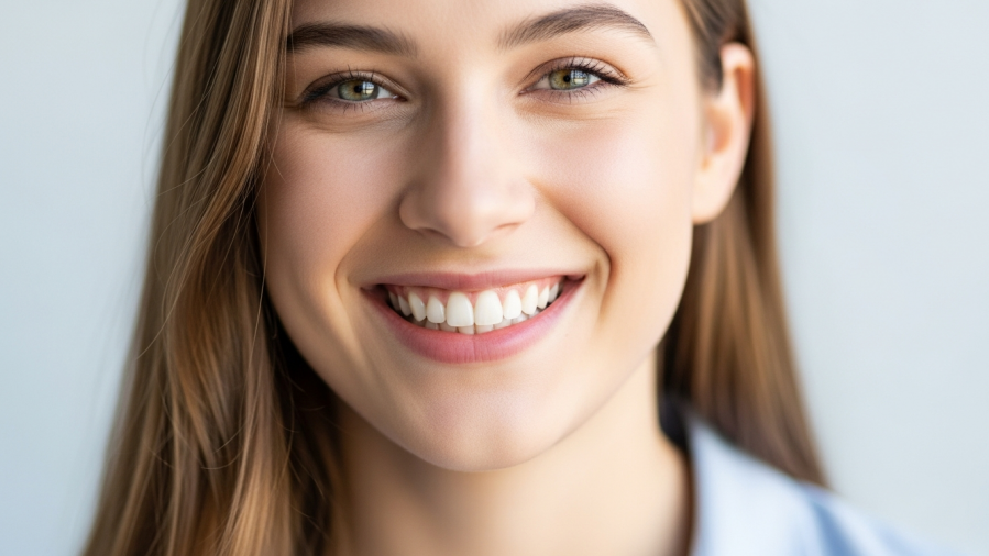 Close-up of a young adult confidently smiling with pristine white teeth, representing tooth whitening solutions.