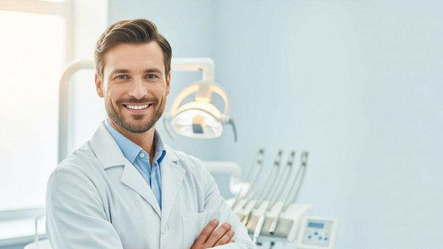 Confident dentist marketing strategies in a modern clinic, promoting patient acquisition.