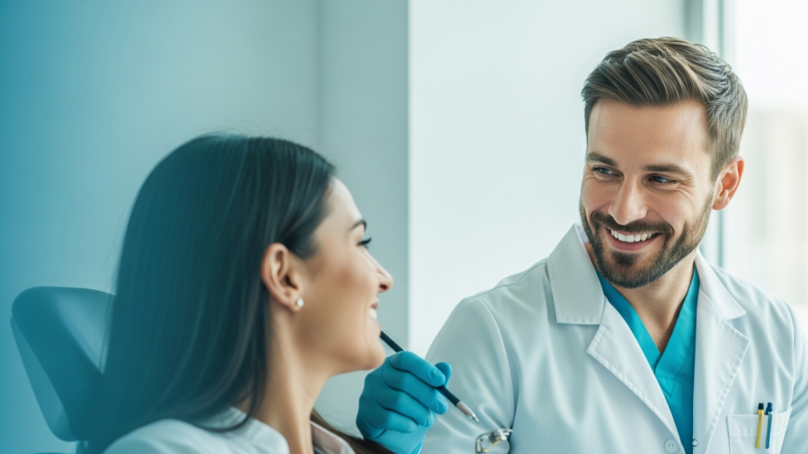 Smiling dentist engages with relaxed patient in modern clinic, showcasing workflow efficiency.