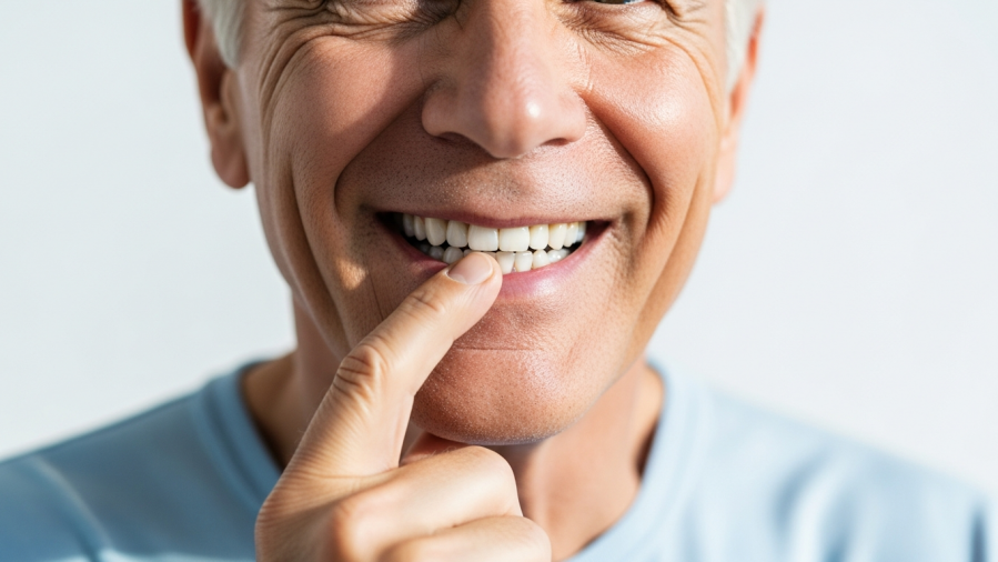 Smiling older man confidently showing his dental implant, reflecting bone health benefits.