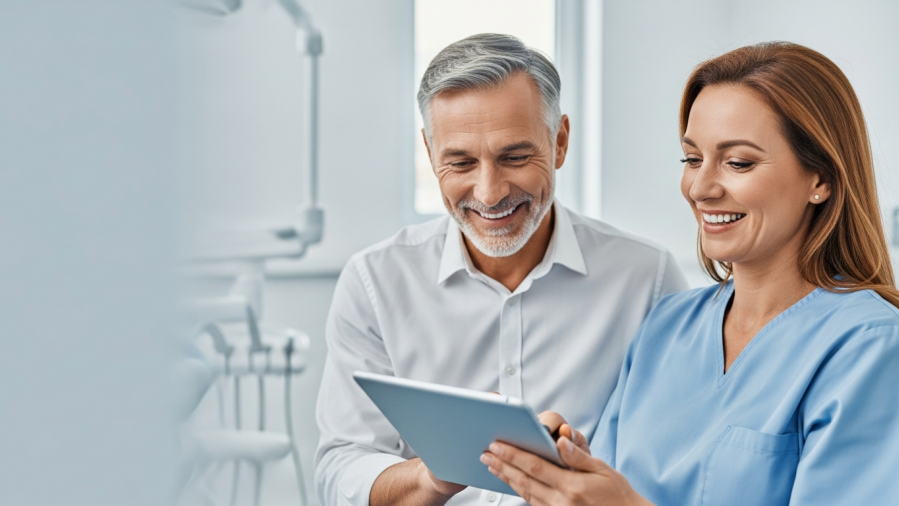 Confident dentist using tablet in bright clinic, showcasing community-focused dentistry.