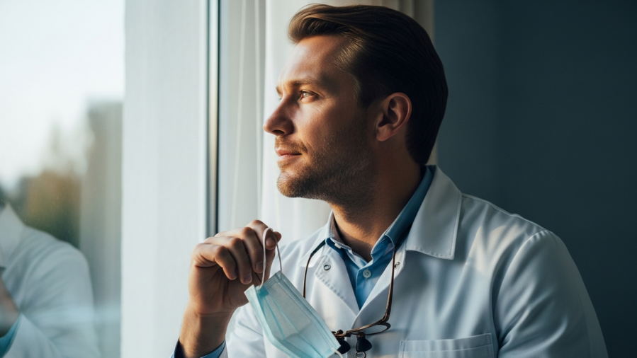 Dentist in introspection, reflecting on dental practice metrics for year-end review.