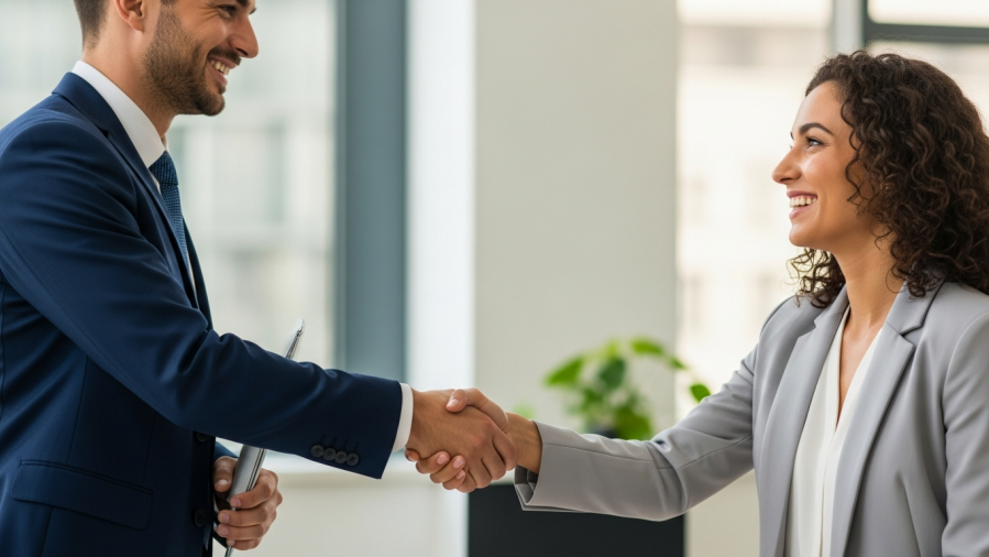 Two smiling business professionals shaking hands, embodying agency loyalty and trust.