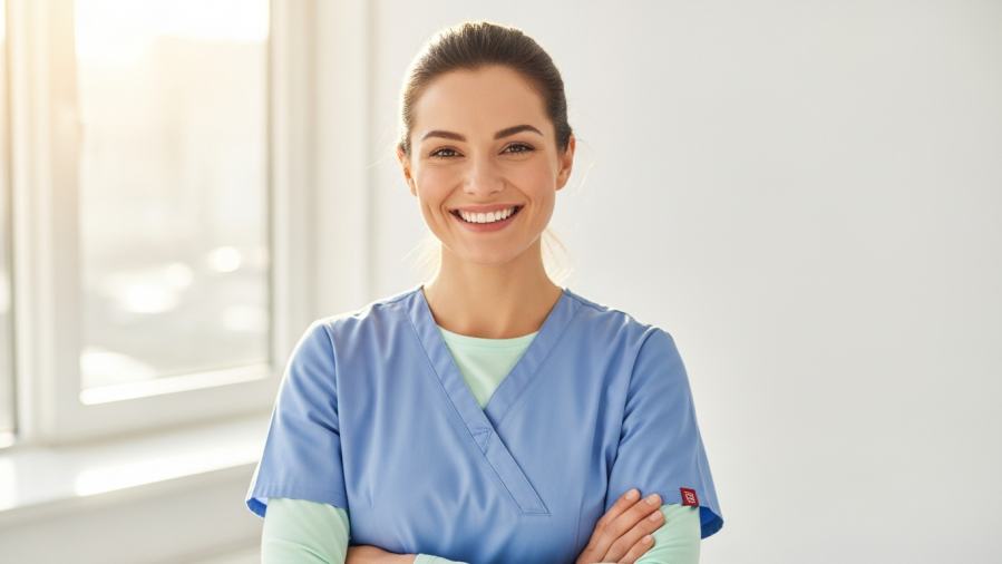 Confident dental hygienist smiling in scrubs, highlighting dental hygienist shortage.