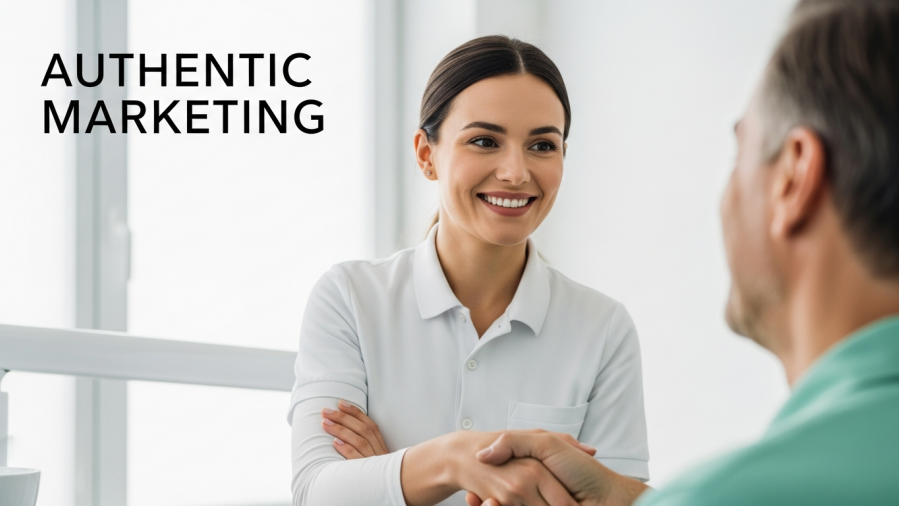 Authentic testimonials in dental marketing: confident dentist greeting smiling patient.