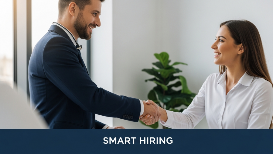 Dentist shakes hands with candidate, showcasing effective interview techniques for cultural fit.