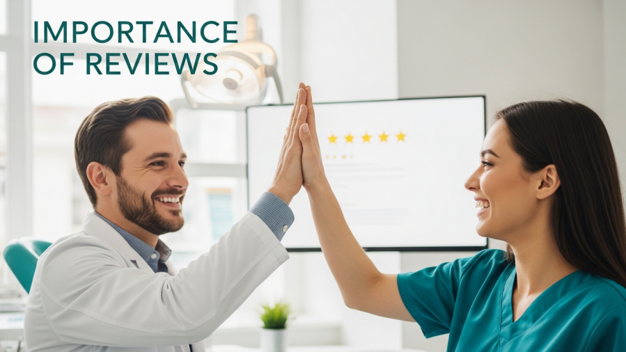 Confident dentist and smiling assistant celebrate positive online reviews in a modern clinic.