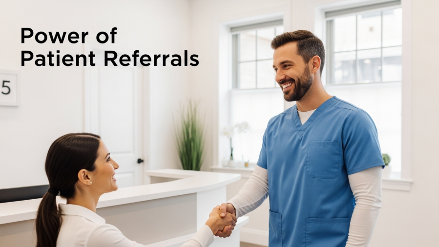 Confident dentist and smiling patient handshake in modern dental office, highlighting patient referrals.