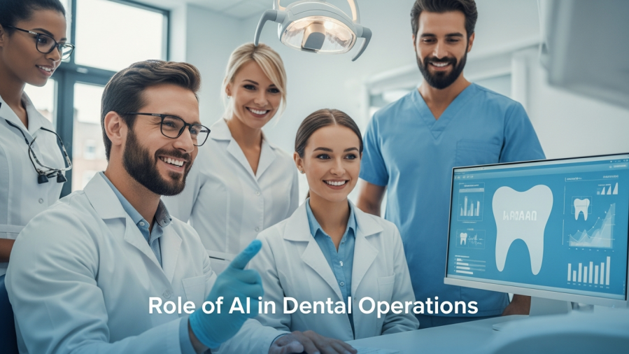 Smiling dental team using AI automation for operational workflows in a modern clinic.