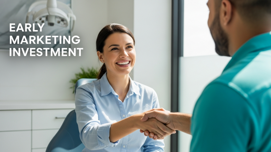 Confident female dentist and marketing expert joyfully shaking hands, showcasing dental marketing strategies.