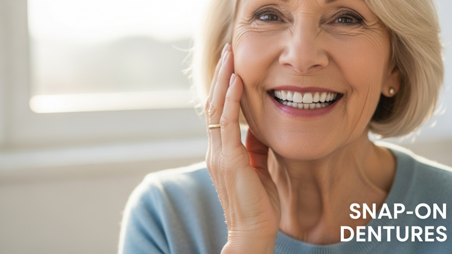 Smiling senior woman with perfect teeth showcases dental restoration options in soft light.