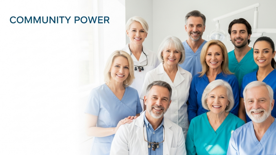 Dental professionals and happy patients unite, showcasing local sponsorship strategies.