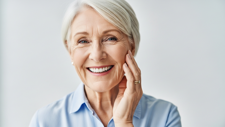 Confident senior smiling, showing healthy oral hygiene after dental implants.