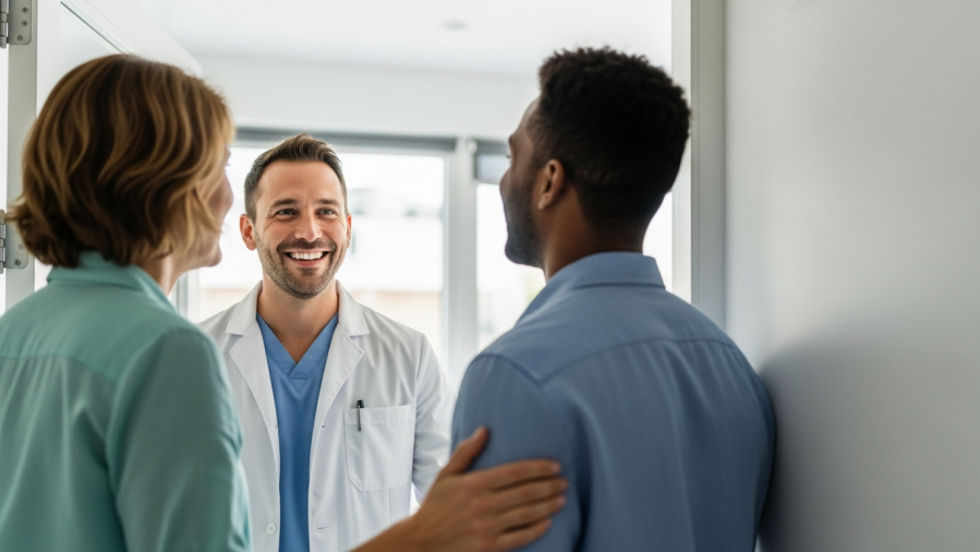 Smiling dentist welcoming diverse patient, showcasing trust-based marketing in dentistry.