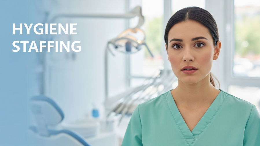 Confident dental hygienist in soft lighting, emphasizing dental practice staffing solutions.