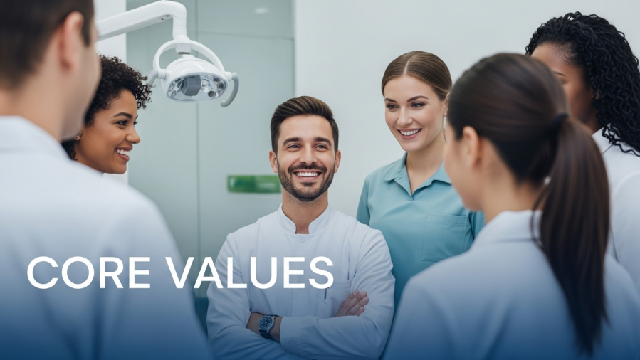 Cheerful dentist with team promoting patient-centered care in modern clinic.