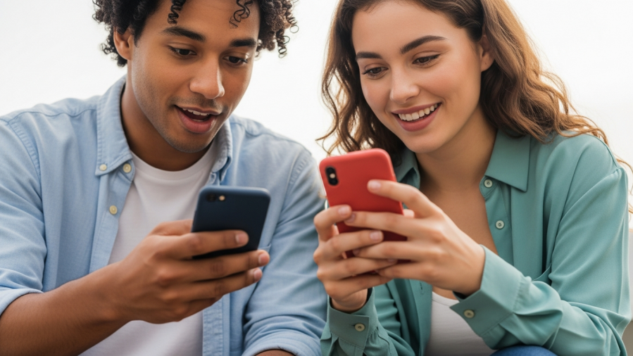 Two young adults engaging in a healthcare information search on smartphones.