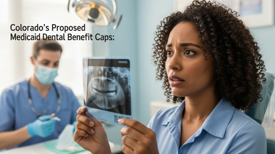 Concerned woman with dental x-rays highlights Colorado Medicaid dental coverage changes.
