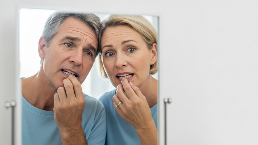 Concerned middle-aged couple inspecting teeth, highlighting oral health and diabetes.
