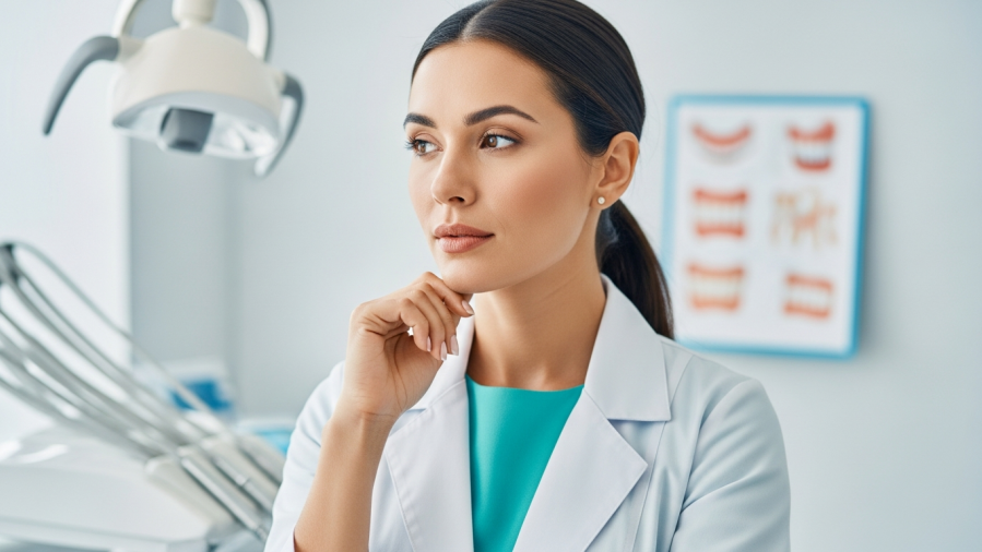 Confident businesswoman dentist analyzing charts, showcasing effective dental marketing strategies.