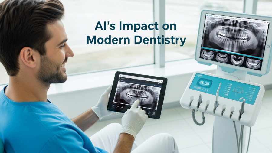 AI's impact on dental practice: Dentist with tablet showcasing dental x-rays.