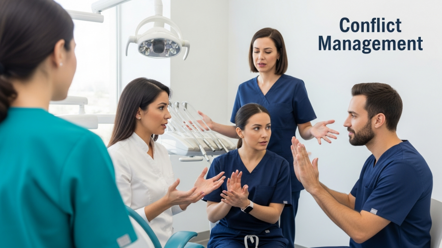Dental team collaboration in conflict management, showcasing emotions and effective communication.
