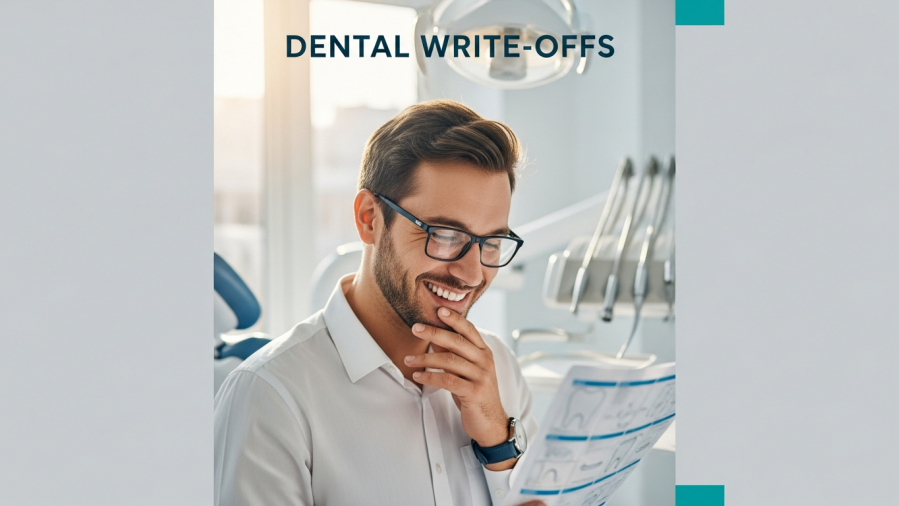 Confident dental professional smiling in modern office, highlighting dental write-offs.