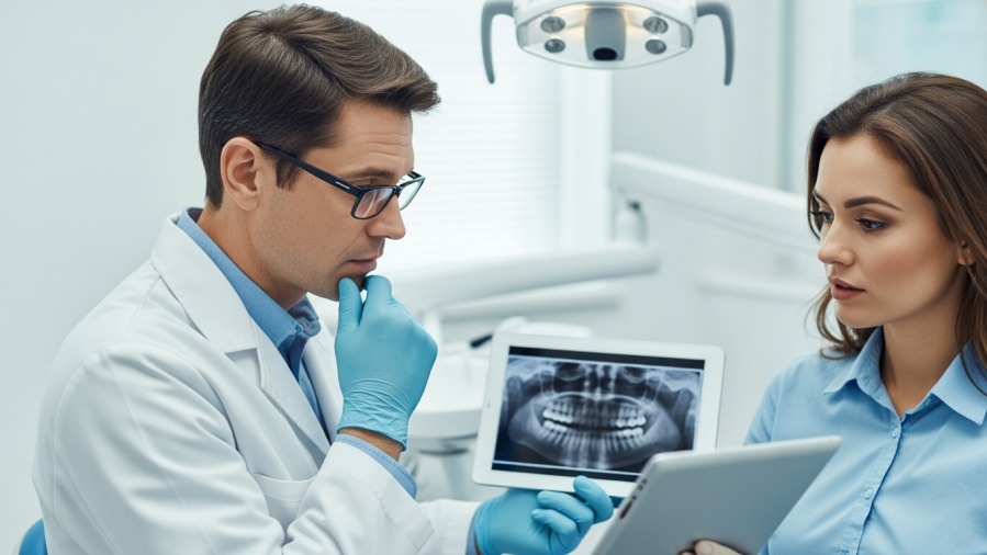 Dentist consulting with a patient on dental treatment acceptance strategies.