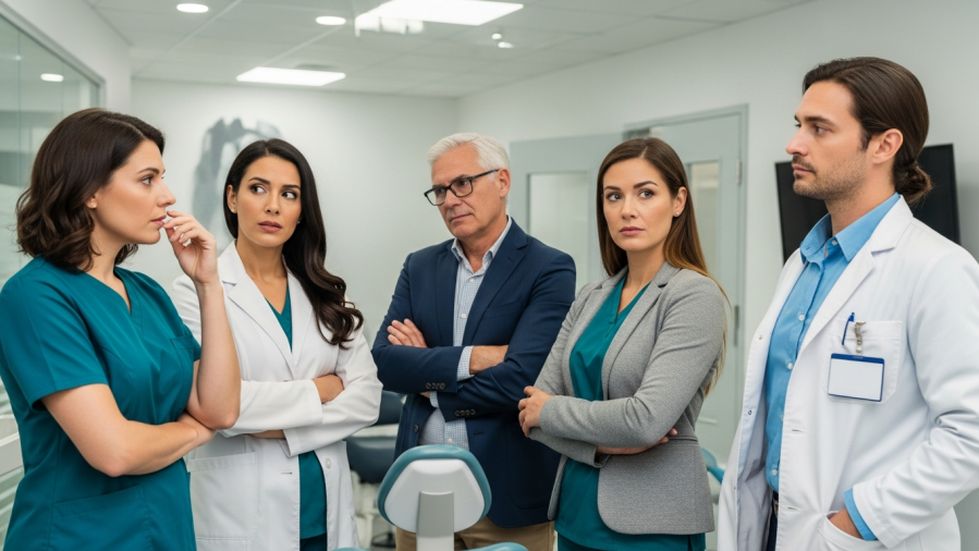 Concerned dentists and insurance agents reflecting on Florida dental fraud issues.