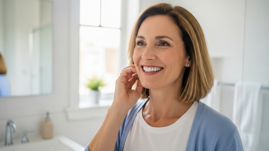 Confident middle-aged woman smiling, showcasing healthy teeth, highlighting dental implant benefits.