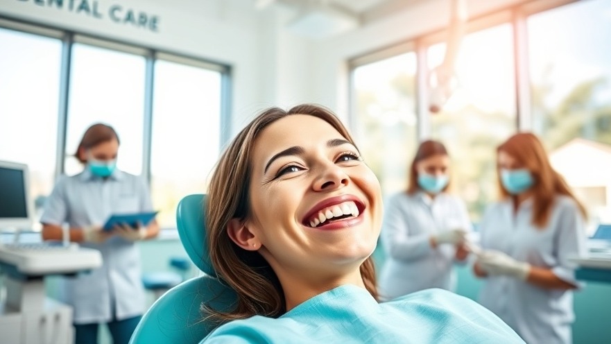Smiling dental patient in a bright office, showcasing patient loyalty and modern dental care.