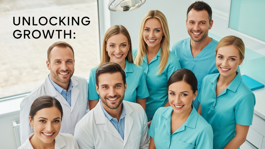Confident dental professionals in a modern clinic, showcasing patient engagement and teamwork.