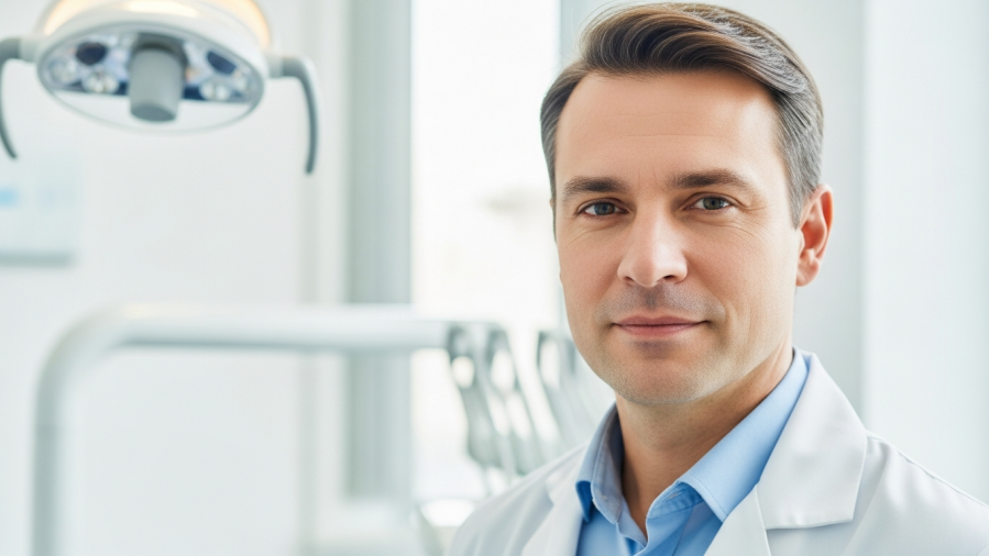 Confident dentist in bright clinic, promoting professional development in dentistry.