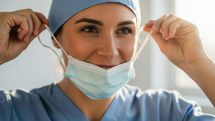 Confident dentist removing mask, embodying resilience in healthcare and stress management.