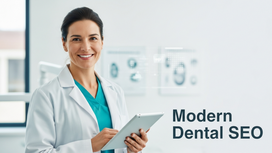 Confident dentist showcasing modern dental SEO strategies with a digital tablet.