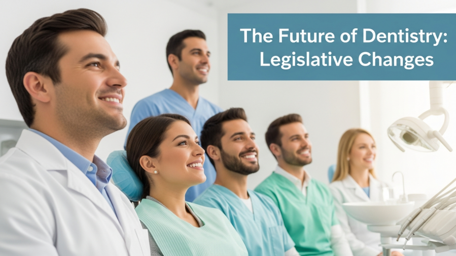 Optimistic dentists and patients in a bright dental office, emphasizing patient care.