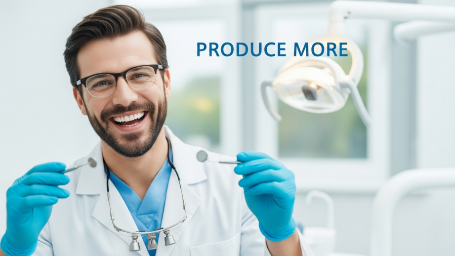 Confident dentist smiling with tools, promoting dental practice efficiency and patient engagement.