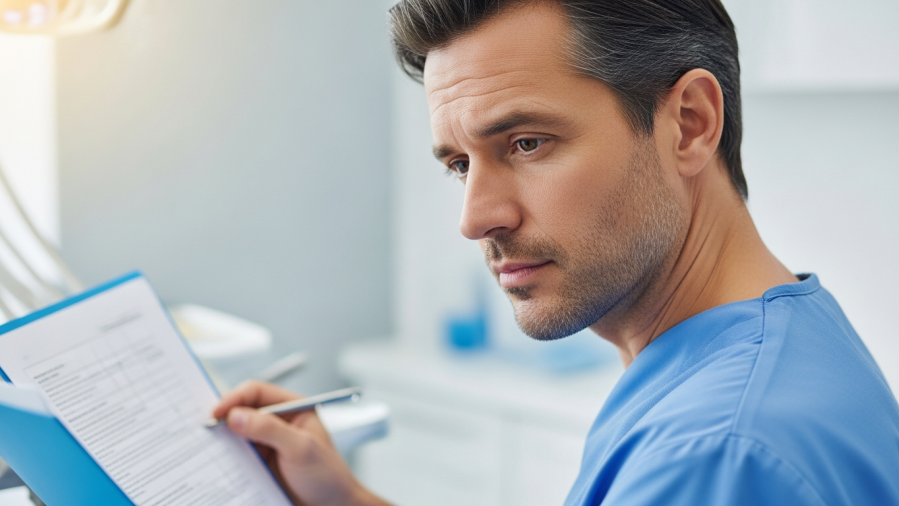 Dentist in modern clinic reviewing patient files, emphasizing sedation dental practices.