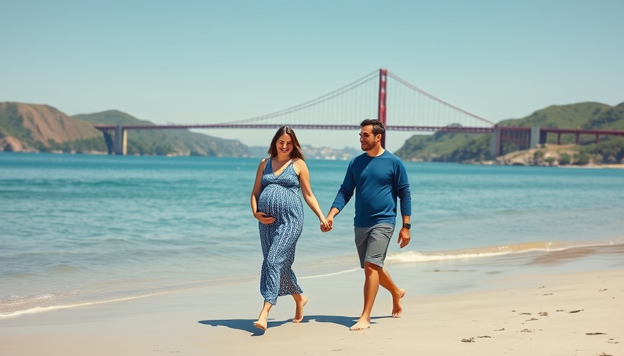 Couple walking on beach near bridge, practicing while pregnant