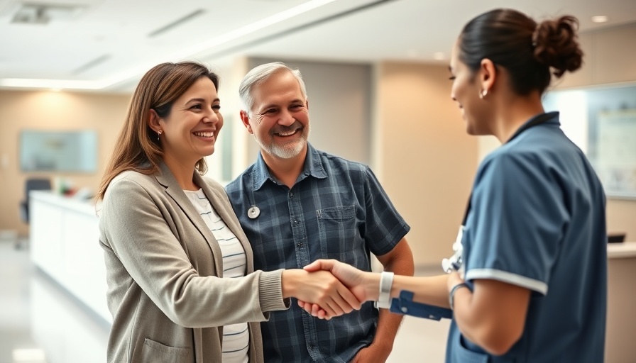 Friendly nurse welcoming new patients at modern medical reception.