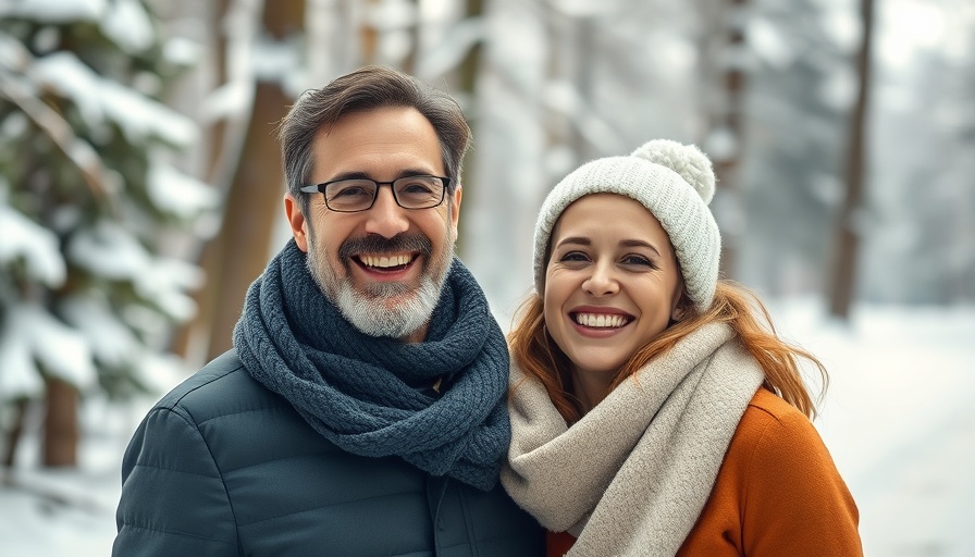 A smiling couple embraces in a snowy forest, considering whether to change last names.