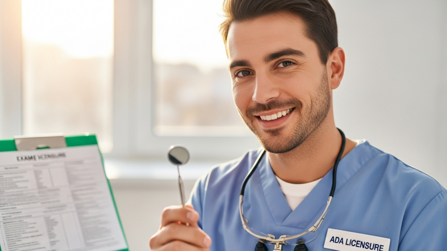 Confident dentist preparing for ADEX unified exam, showcasing dental licensure process.
