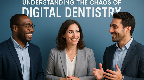 Semi-formal individuals discussing digital dentistry solutions with overlay text.