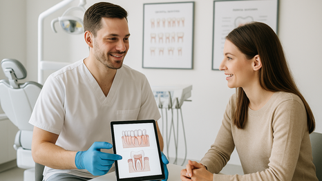 Dentist and patient in a bright, modern dental practice discussing treatment plans for patient retention.