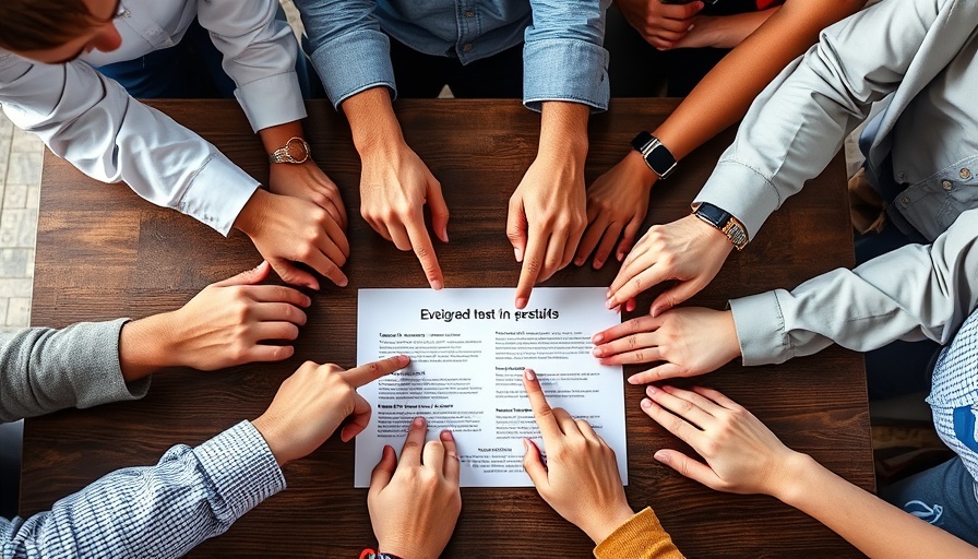 Diverse hands point at 'Leadership Requires Communication' on table.