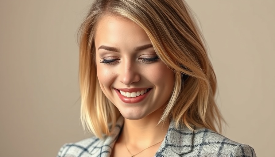 Blonde woman in checkered blazer smiling in studio portrait.